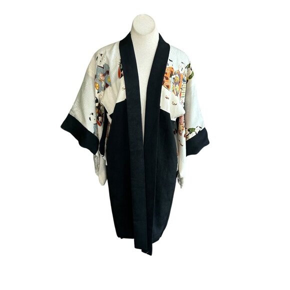 Japanese Vintage 100% Silk Haori Kimono Jacket Robe Children Playing in a Line - Picture 1 of 16